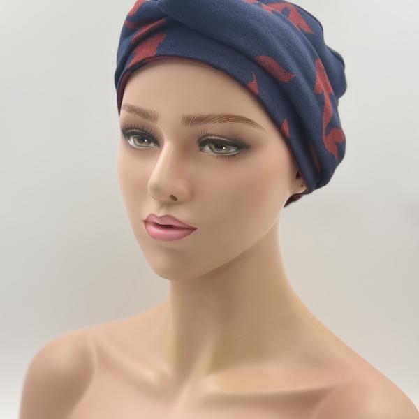 Handgemaakte chemo muts Brina bordeaux blauw/blauw bordeaux maat L