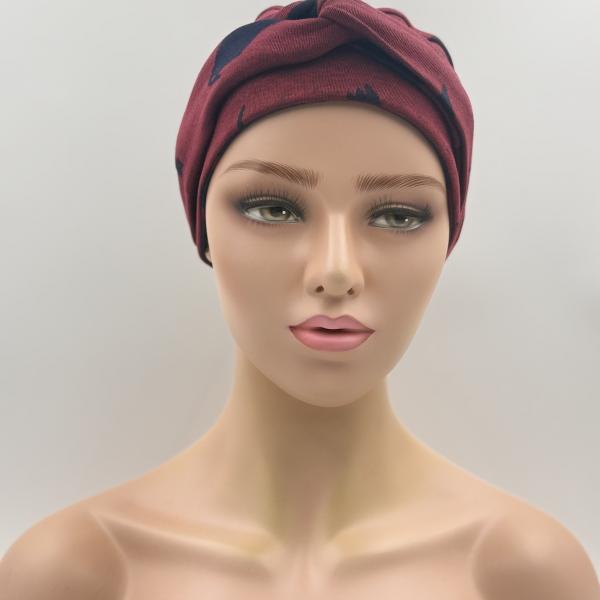 Handgemaakte chemo muts Brina bordeaux blauw/blauw bordeaux maat L