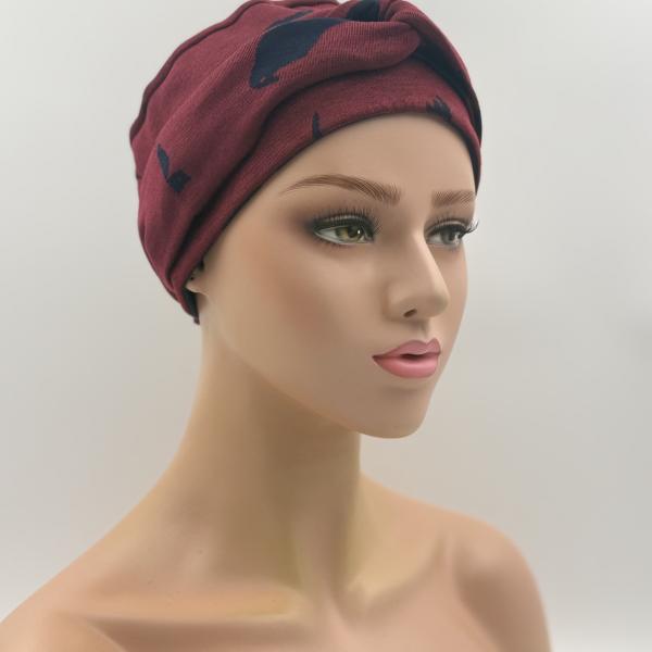 Handgemaakte chemo muts Brina bordeaux blauw/blauw bordeaux maat L