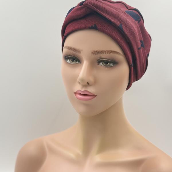 Handgemaakte chemo muts Brina bordeaux blauw/blauw bordeaux maat L