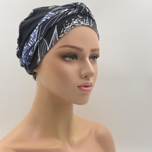 Handgemaakte chemo muts Brina blauw wit / groen maat L