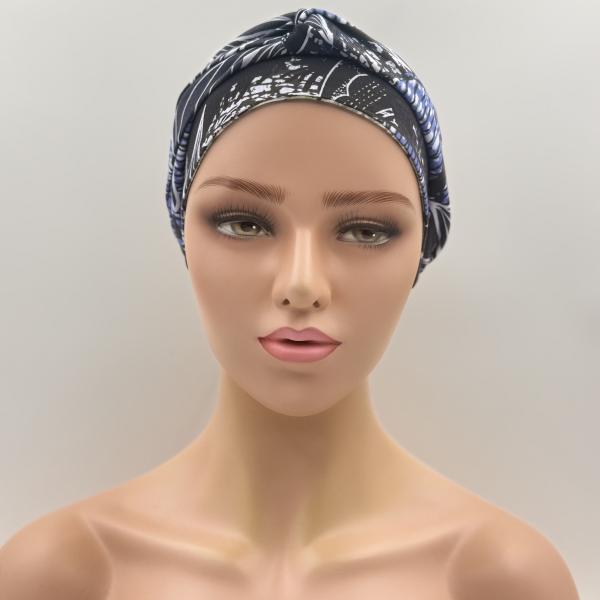 Handgemaakte chemo muts Brina blauw wit / groen maat L