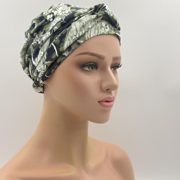 Handgemaakte chemo muts Brina blauw wit / groen maat L