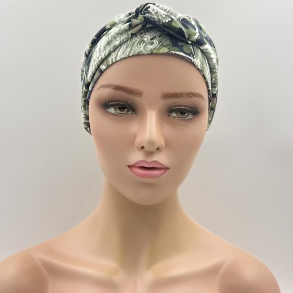 Handgemaakte chemo muts Brina blauw wit / groen maat L
