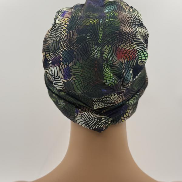 Handgemaakte chemo muts Brina groen / blauwe bloemen maat S