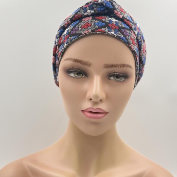 Handgemaakte chemo muts Brina grijs zwart / grijs rood blauw maat S