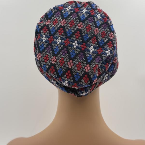 Handgemaakte chemo muts Brina grijs zwart / grijs rood blauw maat S