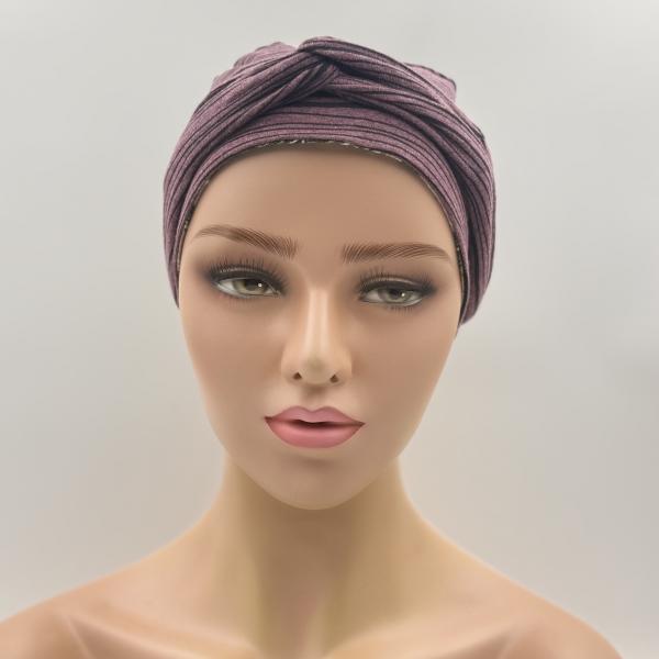 Handgemaakte chemo muts Brina aubergine en camel maat M
