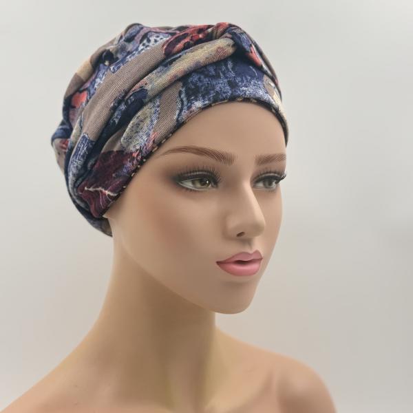 Handgemaakte chemo muts Brina grijs/blauw en bordeaux rood met glitter maat L