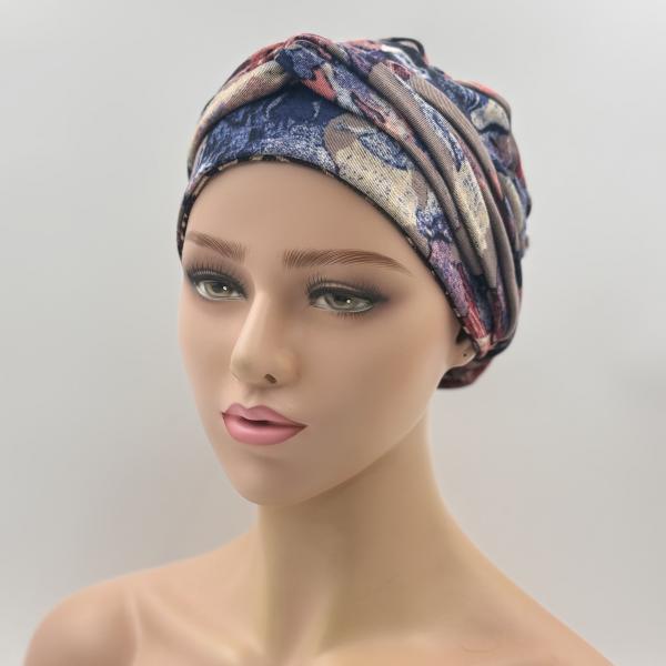 Handgemaakte chemo muts Brina grijs/blauw en bordeaux rood met glitter maat L