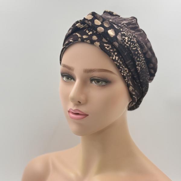 Handgemaakte chemo muts Brina grijs/blauw en bordeaux rood met glitter maat L