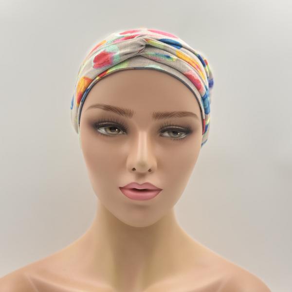 Handgemaakte chemo muts Brina camel en blauw maat M