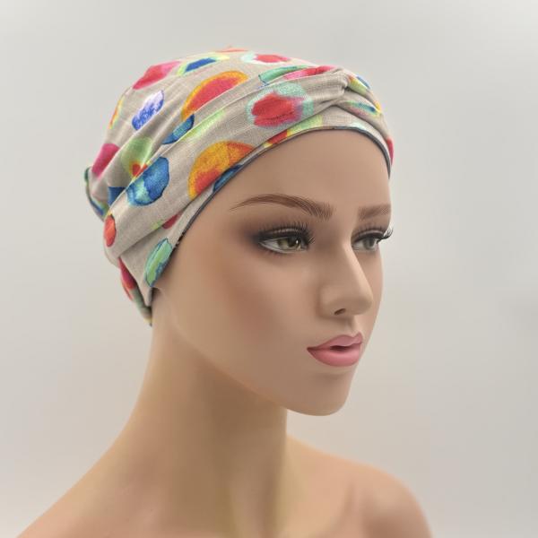 Handgemaakte chemo muts Brina camel en blauw maat M