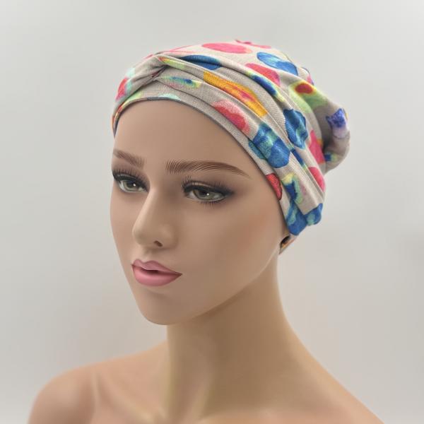 Handgemaakte chemo muts Brina camel en blauw maat M