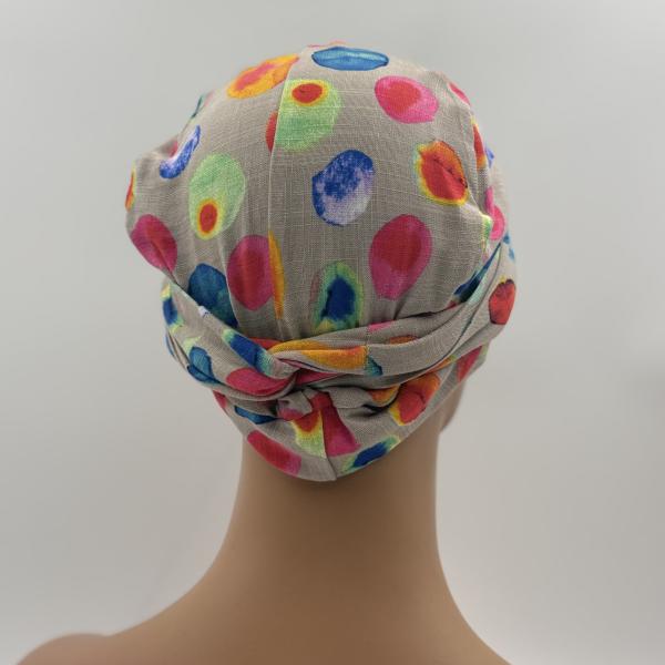 Handgemaakte chemo muts Brina camel en blauw maat M
