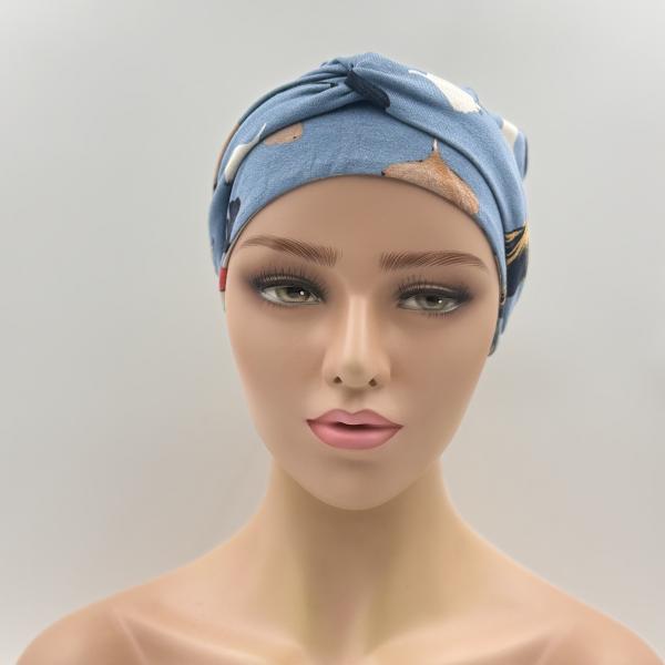 Handgemaakte chemo muts Brina camel en blauw maat M