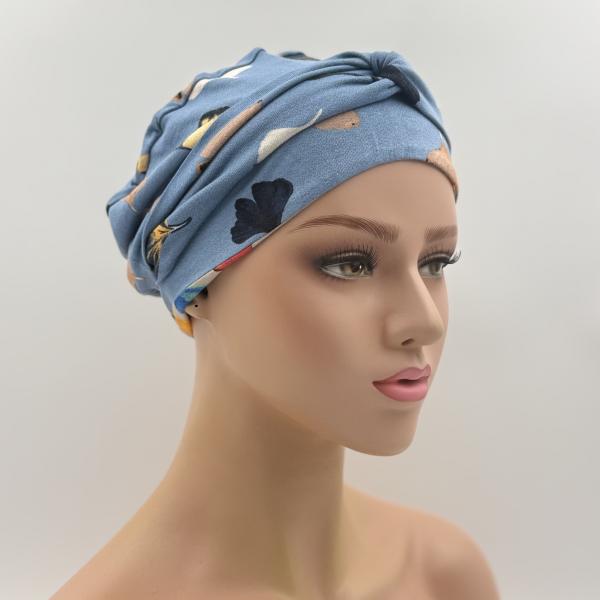 Handgemaakte chemo muts Brina camel en blauw maat M