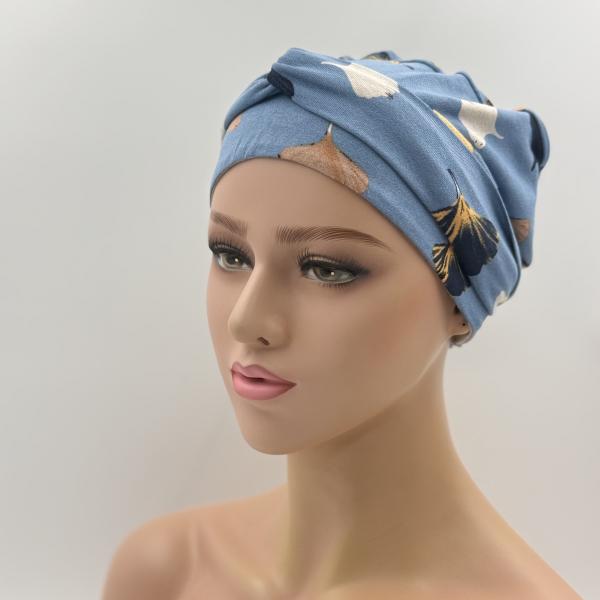 Handgemaakte chemo muts Brina camel en blauw maat M