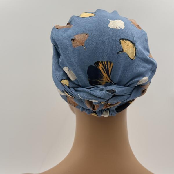 Handgemaakte chemo muts Brina camel en blauw maat M