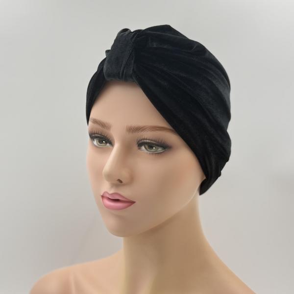 Handgemaakte chemo muts Brooklyn in velours zwart maat S