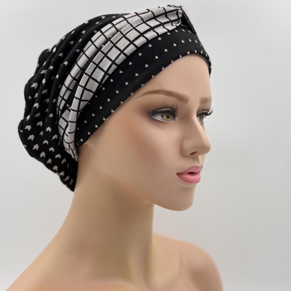 Handgemaakte chemo muts Buffy grijs blauw en zwart gebreid maat M