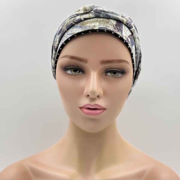 Handgemaakte chemo muts Buffy grijs blauw en zwart gebreid maat M