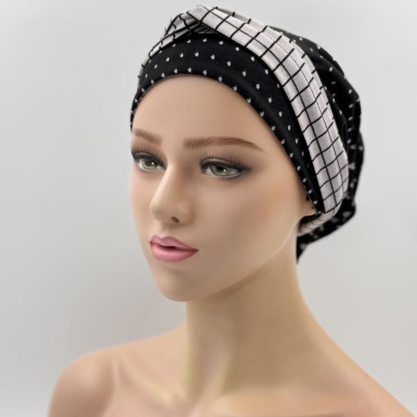 Handgemaakte chemo muts Buffy grijs blauw en zwart gebreid maat M