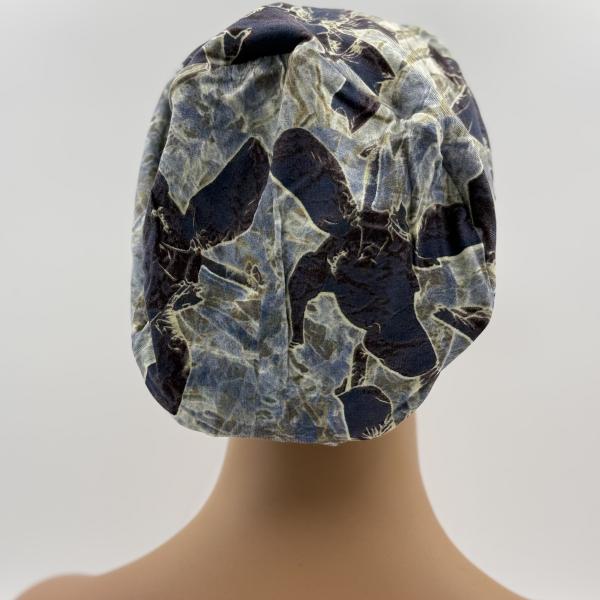 Handgemaakte chemo muts Buffy grijs blauw en zwart gebreid maat M