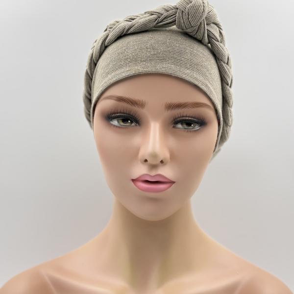 Handgemaakte chemo muts Buffy blauw en camel maat M