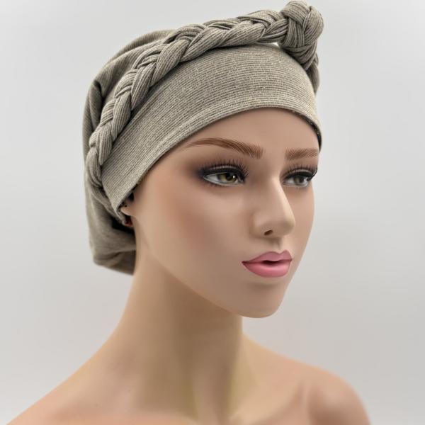 Handgemaakte chemo muts Buffy blauw en camel maat M