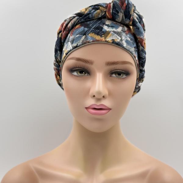 Handgemaakte chemo muts Buffy blauw en camel maat M