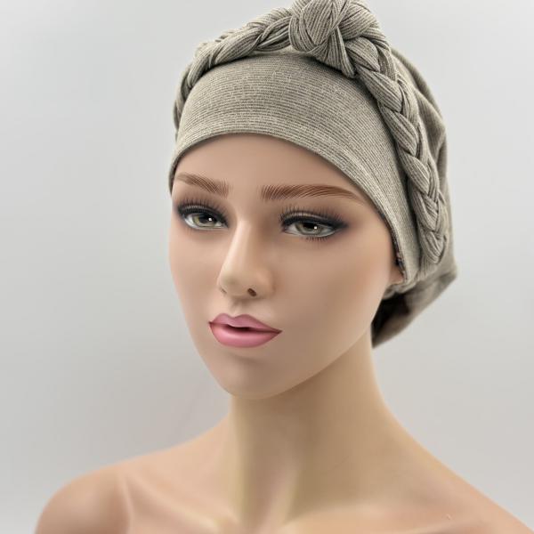 Handgemaakte chemo muts Buffy blauw en camel maat M