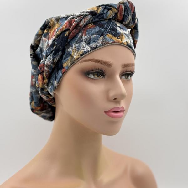 Handgemaakte chemo muts Buffy blauw en camel maat M