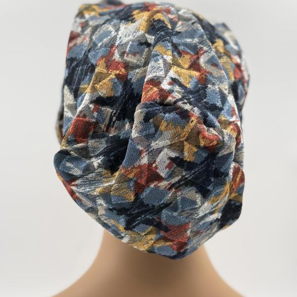 Handgemaakte chemo muts Buffy blauw en camel maat M