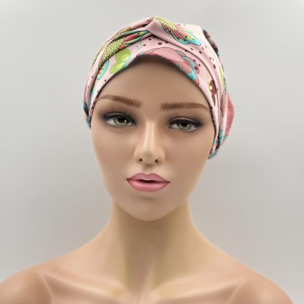 Handgemaakte chemo muts Buffy petrol met figuren en roze met bloemen maat M