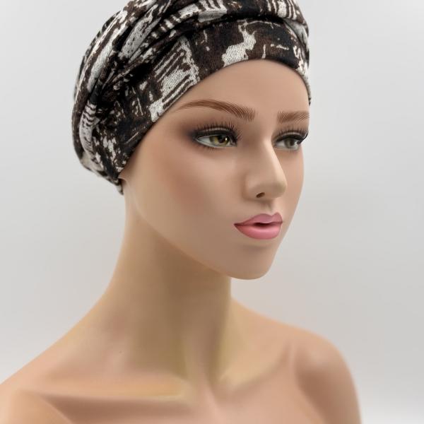 Handgemaakte chemo muts Betty bruin grijs maat S