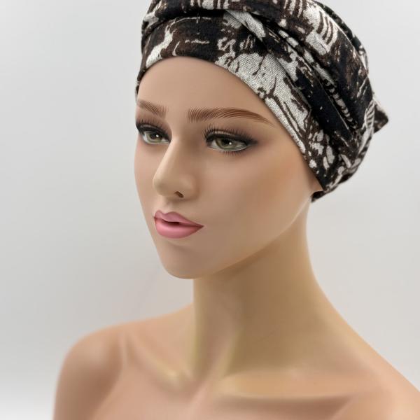 Handgemaakte chemo muts Betty bruin grijs maat S