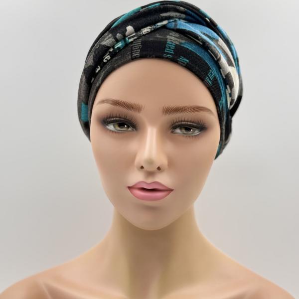 Handgemaakte chemo muts Betty turquoise zwart maat M