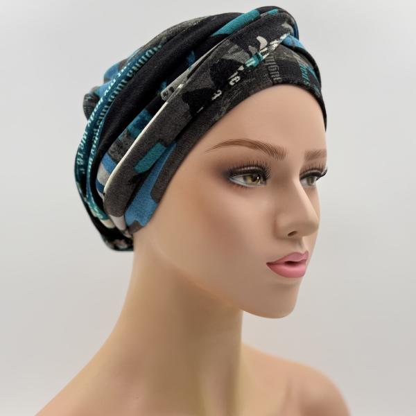 Handgemaakte chemo muts Betty turquoise zwart maat M