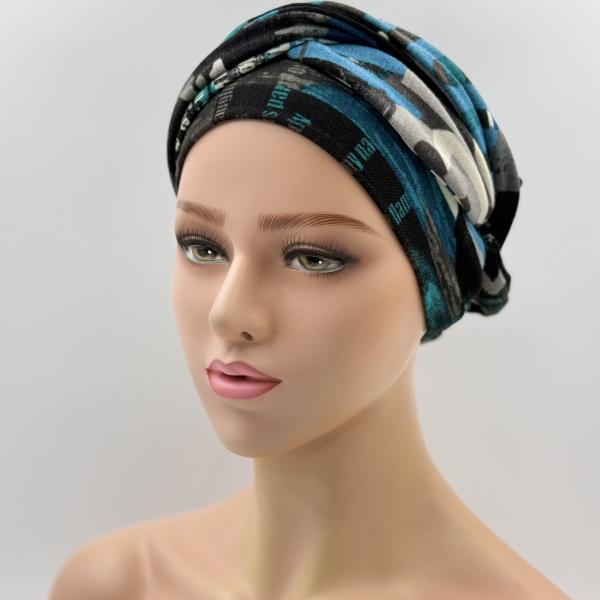 Handgemaakte chemo muts Betty turquoise zwart maat M