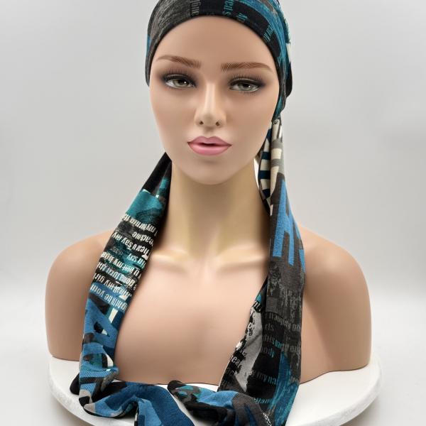 Handgemaakte chemo muts Betty turquoise zwart maat M