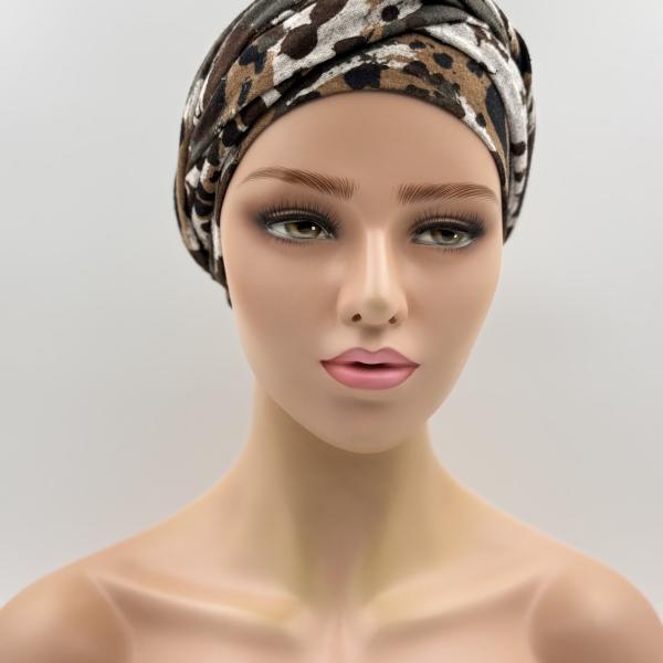 Handgemaakte chemo muts Betty bruin grijs dierenprint maat M