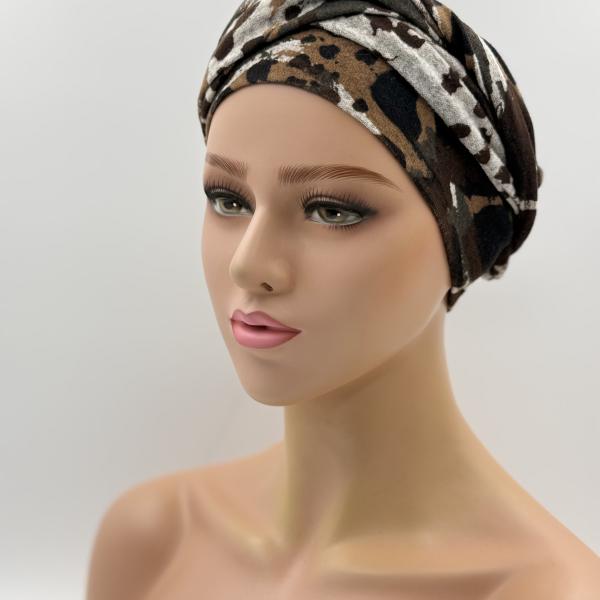 Handgemaakte chemo muts Betty bruin grijs dierenprint maat S
