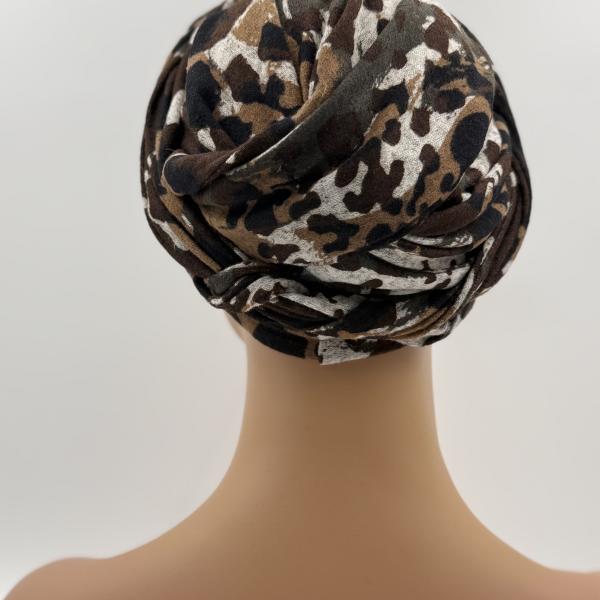 Handgemaakte chemo muts Betty bruin grijs dierenprint maat S
