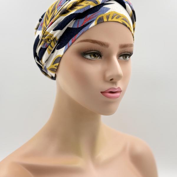 Handgemaakte chemo muts Betty blaadjes blauw geel maat S