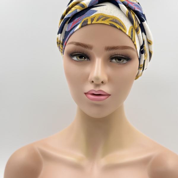 Handgemaakte chemo muts Betty blaadjes blauw geel maat S