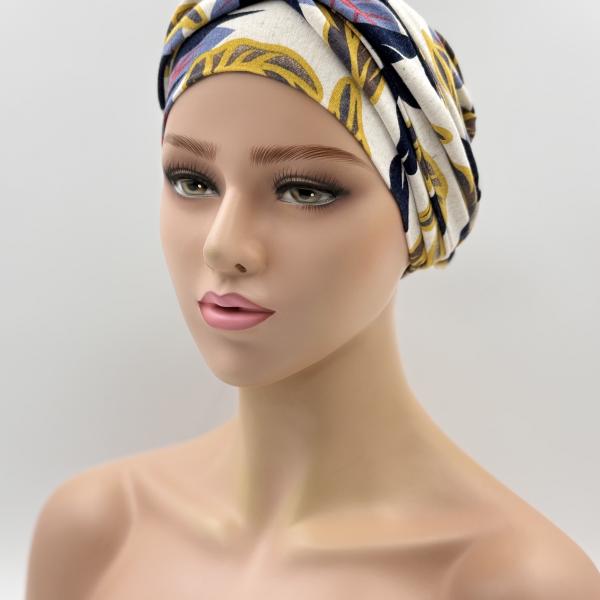Handgemaakte chemo muts Betty blaadjes blauw geel maat S