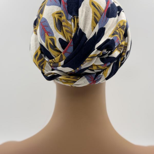 Handgemaakte chemo muts Betty blaadjes blauw geel maat S