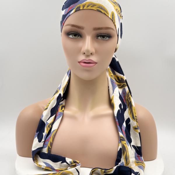 Handgemaakte chemo muts Betty blaadjes blauw geel maat S