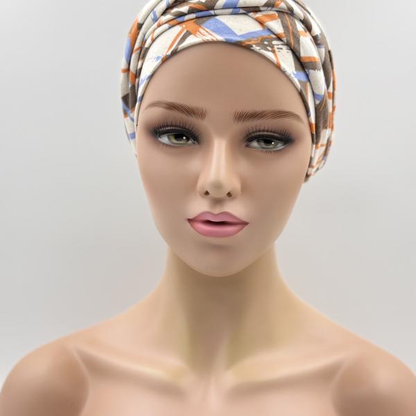 Handgemaakte chemo muts Betty creme oranje blauw maat M